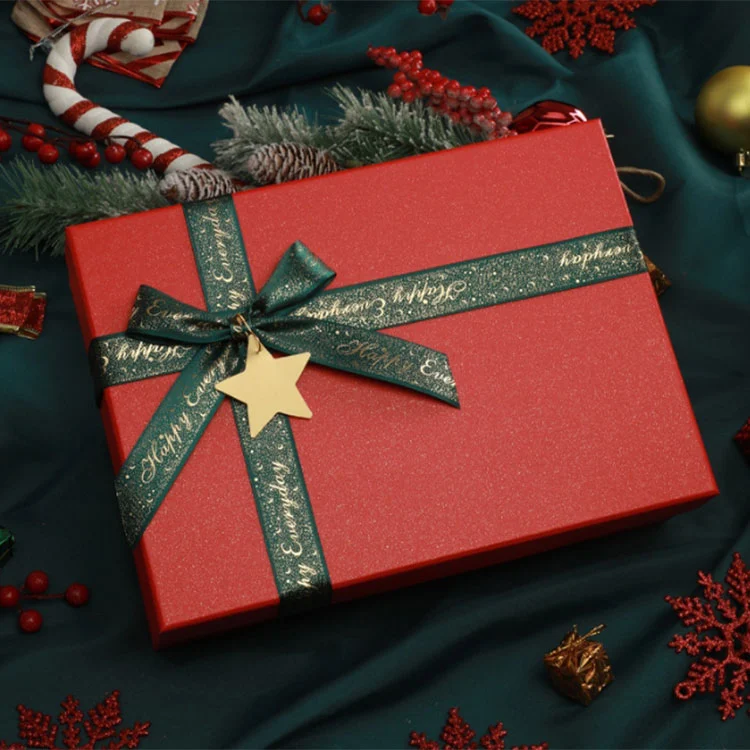 Christmas Rigid Lid and Base Gift Box with Ribbon and Star Charm