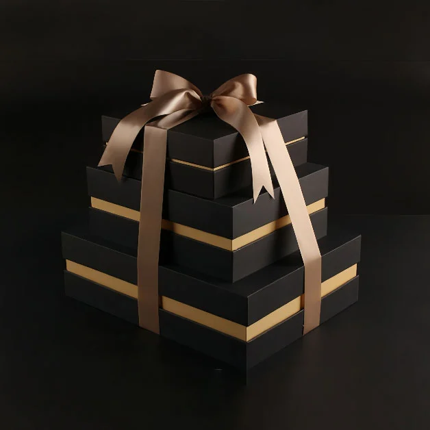 Multi Size Rigid Gift Box Set With Gold Ribbon And Lid Multi Size Rigid Gift Box Set With Gold Ribbon And Lid